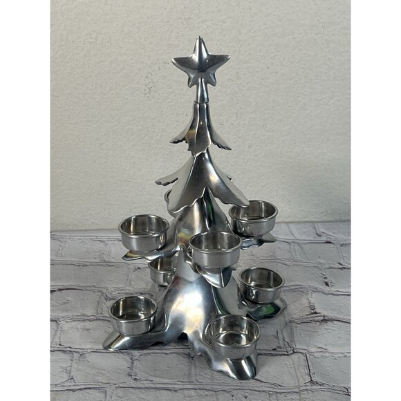 vintage Pottery Barn 11" Tall Crome Christmas Tree 8 Votive Candle Holder - Picture 8 of 8